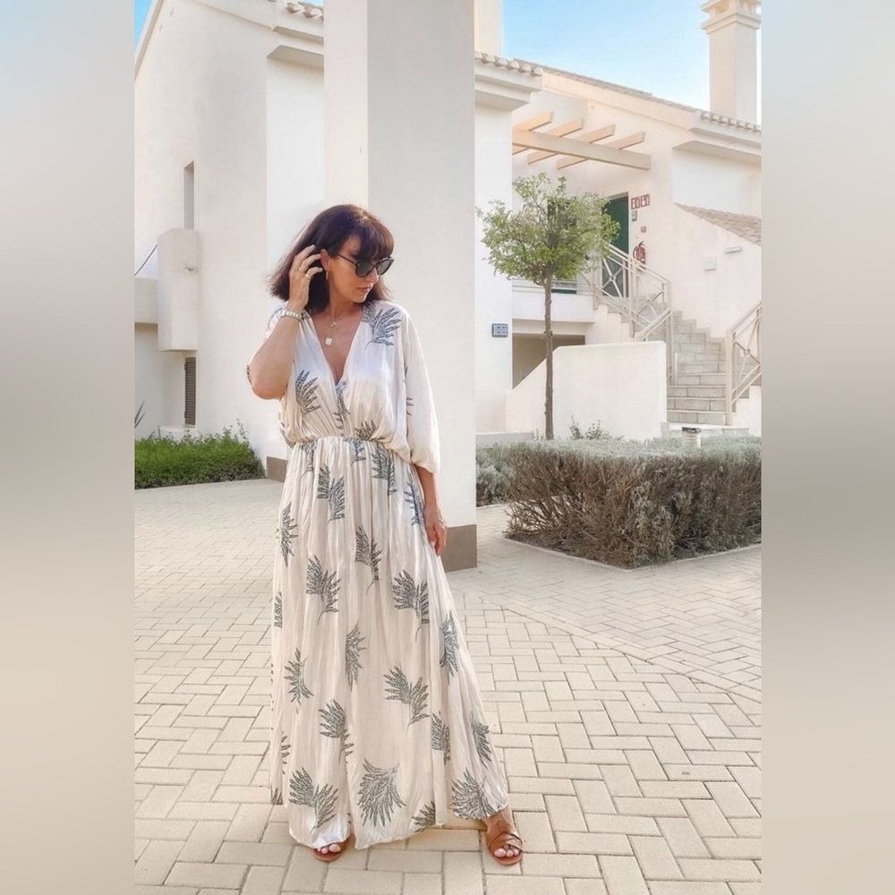 Zara Satin Creme Maxi Dress with Green Palm Print